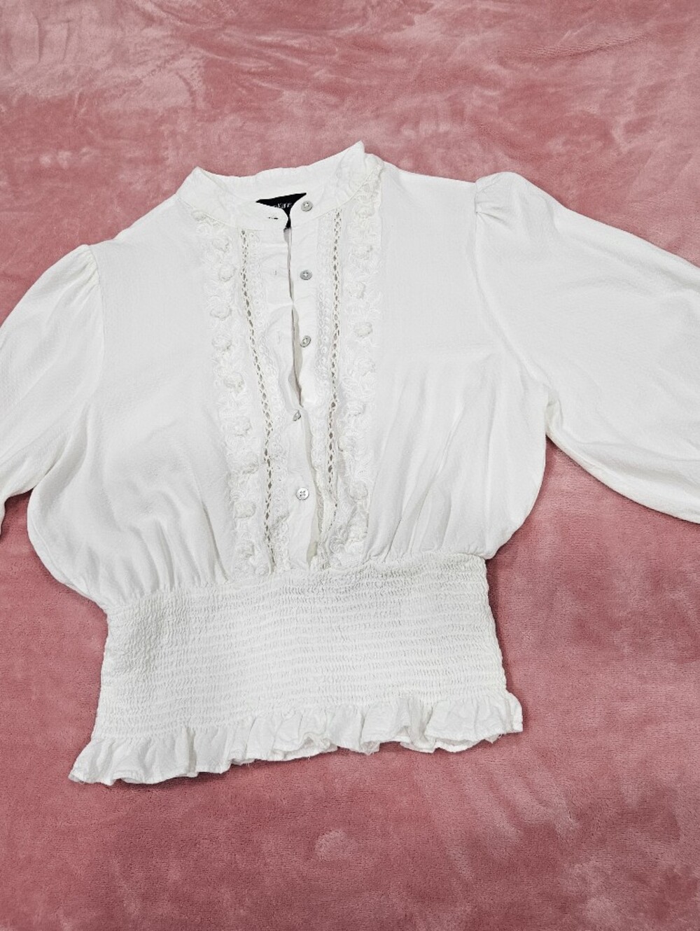 Karen Kane White Ruffled Smocked Waist Blouse